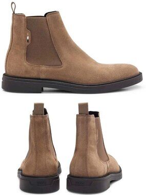 Hugo Boss Men's Signature-stripe Chelsea Boots in Suede Leather Beige Brown 44